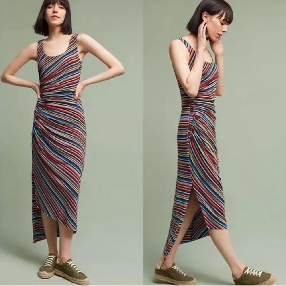 Anthropologie, “Bailey 44” - multi color striped, ruched flattering party dress